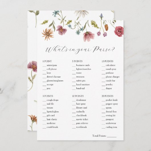 Wildflower Wat zit er in je tas bruids spel Kaart (Voorkant / Achterkant)