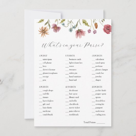 Wildflower Wat zit er in je tas bruids spel Kaart (Voorkant)