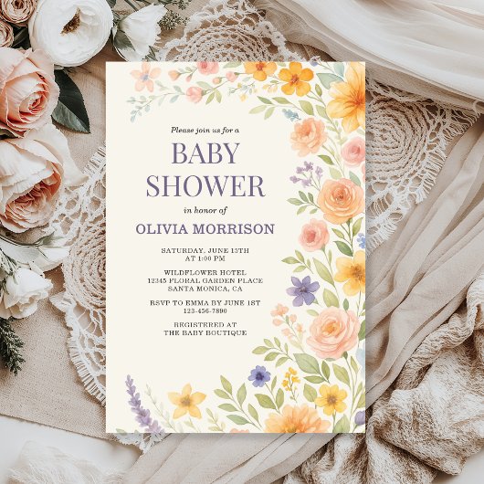 Wildflower Watercolor Floral Baby Shower Kaart