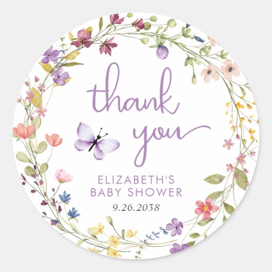 Wildflower Waterverf Baby Meisje Douche Dank je Ronde Sticker (Voorkant)