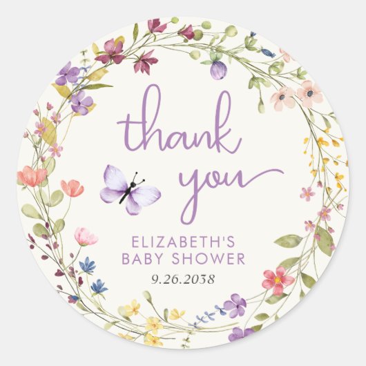 Wildflower Waterverf Baby Meisje Douche Dank je Ronde Sticker (Voorkant)