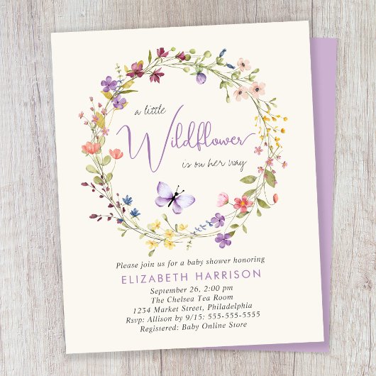 Wildflower Waterverf Baby Meisje Douche Invitation