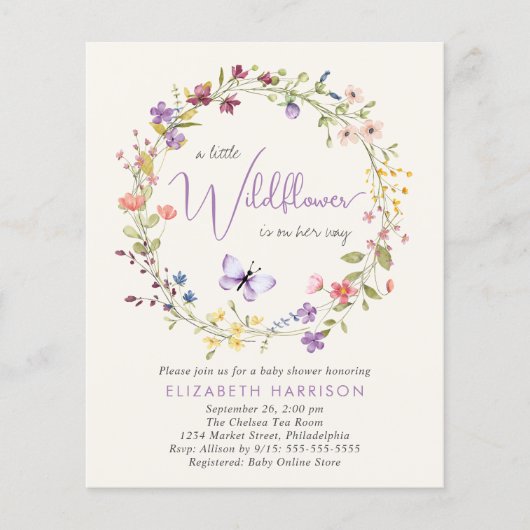 Wildflower Waterverf Baby Meisje Douche Invitation (Voorkant)