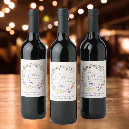 Wildflower Waterverf Baby Meisje Douche Wijn Etiket
