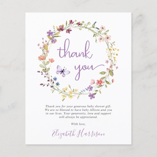 Wildflower Waterverf Baby shower dank u kaart (Voorkant)