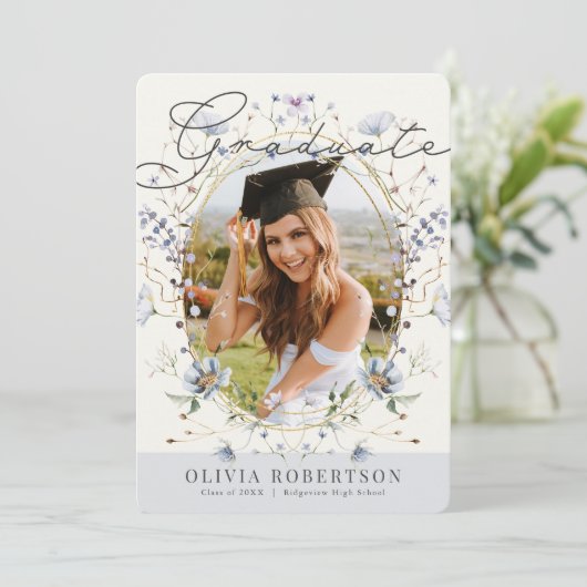 Wildflower Waterverf Blauw Bloemen Foto Afstuderen Kaart (Staand voorkant)