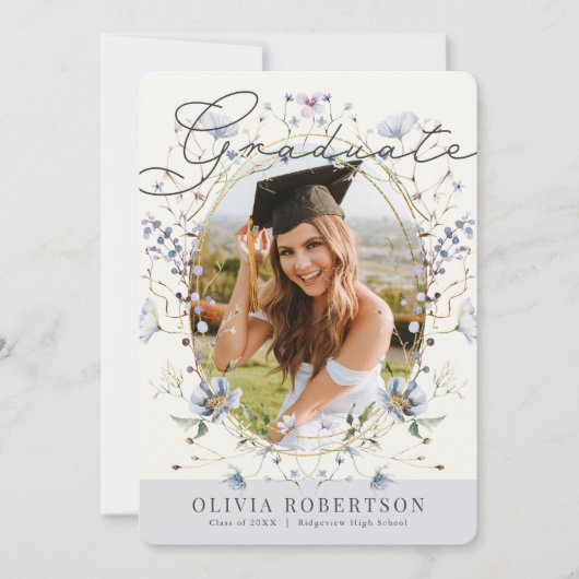 Wildflower Waterverf Blauw Bloemen Foto Afstuderen Kaart (Voorkant)