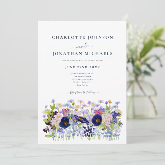 Wildflower Waterverf Blauw QR Code Bruiloft Kaart (Staand voorkant)