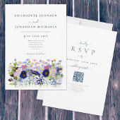 Wildflower Waterverf Blauw QR Code Bruiloft Kaart