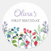 Wildflower Waterverf Bloemen 1e Verjaardag Ronde Sticker (Voorkant)