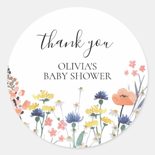 Wildflower waterverf bloemig baby shower dank u ronde sticker (Voorkant)
