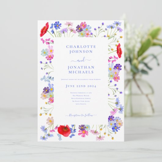 Wildflower Waterverf Boho Blue Bruiloft Kaart (Staand voorkant)