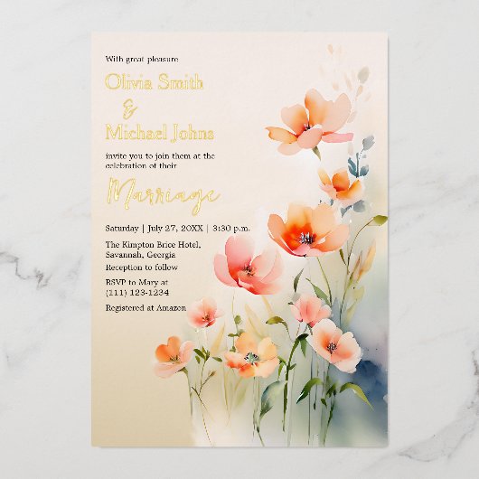 Wildflower Waterverf Echte folie Bruiloft Uitnodig Folie Feestdagenkaart (Voorkant)