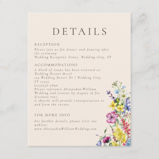 Wildflower Waterverf Floral Boho trouwgegevens Informatiekaartje (Voorkant)