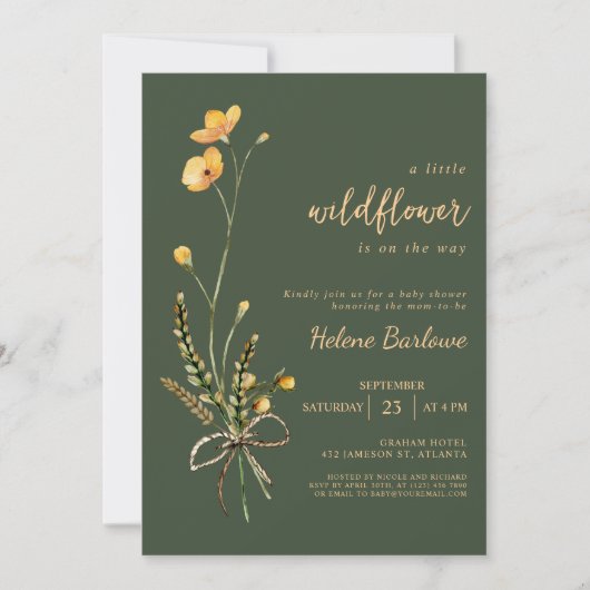 Wildflower Waterverf Groen Elegant Baby shower Kaart (Voorkant)