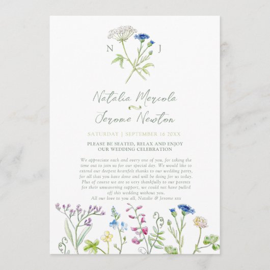 Wildflower waterverf groen huwelijksprogramma programmakaart (Voorkant)