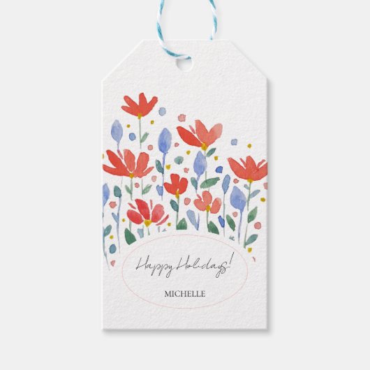 Wildflower Waterverf in zoet rood en blauw Cadeaulabel (Voorkant)