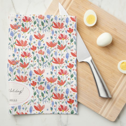 Wildflower Waterverf in zoet rood en blauw Theedoek (Quarter Fold)