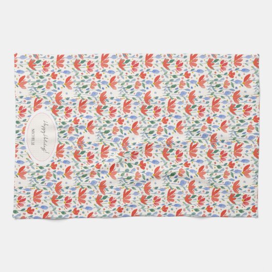 Wildflower Waterverf in zoet rood en blauw Theedoek (Horizontaal)