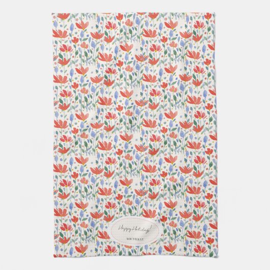 Wildflower Waterverf in zoet rood en blauw Theedoek (Verticaal)