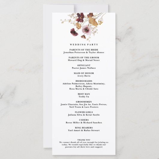 Wildflower Waterverf kalligrafie bruiloft programm (Achterkant)