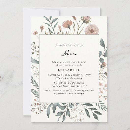 Wildflower Waterverf Miss to Mrs Vrijgezellenfeest Kaart (Voorkant)