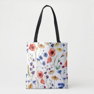 Wildflower Waterverf Poppy Kamille Achtergrond Tote Bag
