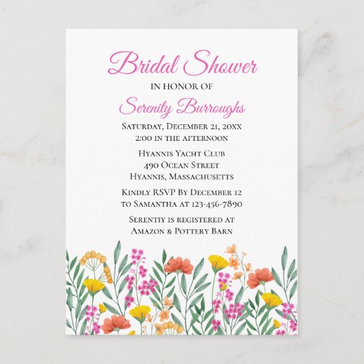 Wildflower Waterverf Roze Bloemen Vrijgezellenfees Uitnodiging Briefkaart (Voorkant)