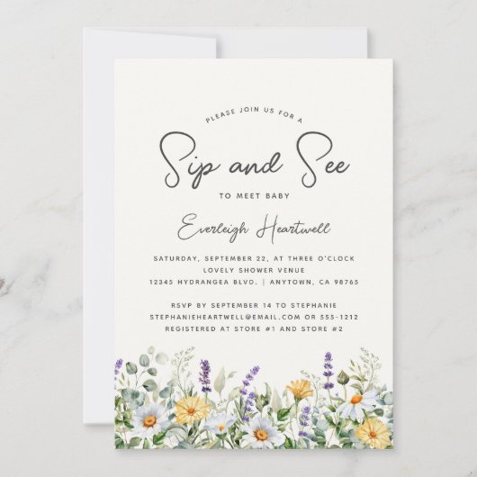 Wildflower Waterverf Sip and See Baby shower Kaart (Voorkant)
