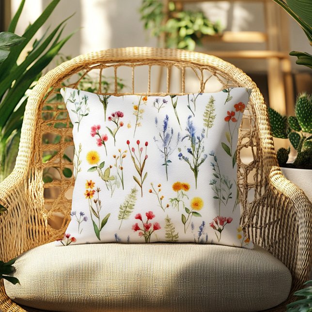 Wildflower Waterverf Zomer Bloemen Botanisch Kussen (Wildflower Watercolor Summer Floral Botanical Throw Pillow)