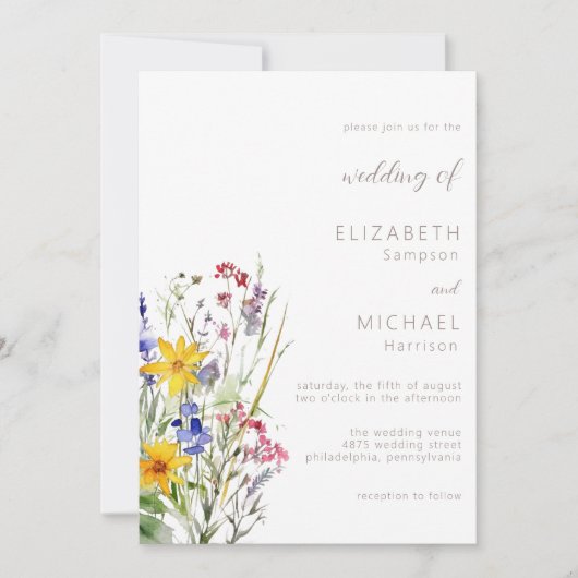 Wildflower Waterverf Zomer Huwelijksuitnodiging Kaart (Voorkant)