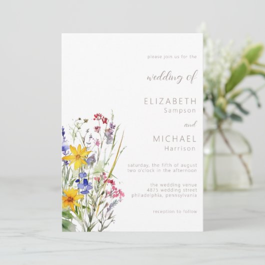 Wildflower Waterverf Zomer Huwelijksuitnodiging Kaart (Staand voorkant)