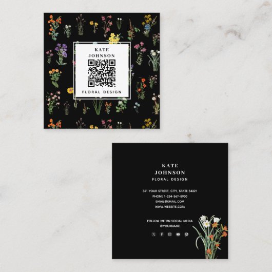 Wildflower Waterverf Zwart Bloemen Designer Boho Vierkante Visitekaartje (Voorkant / Achterkant)