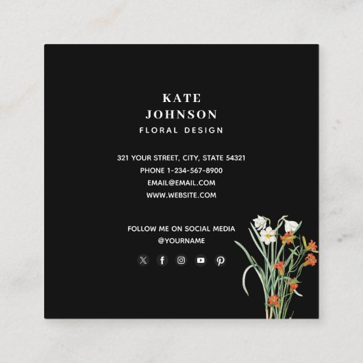 Wildflower Waterverf Zwart Bloemen Designer Boho Vierkante Visitekaartje (Achterkant)
