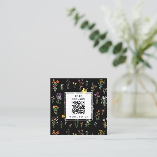 Wildflower Waterverf Zwart Bloemen Designer Boho Vierkante Visitekaartje (Staand voorkant)