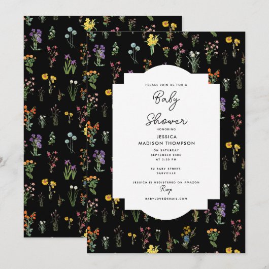 Wildflower Waterverf Zwart Botanisch Baby shower Kaart (Voorkant / Achterkant)