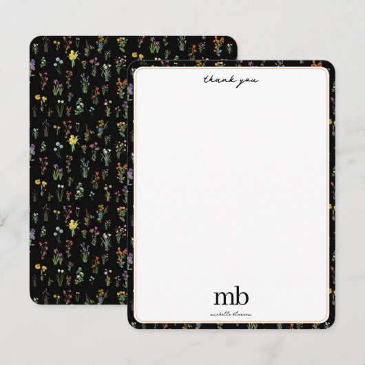 Wildflower Waterverf Zwart Botanisch Bloemen Bedankkaart (Voorkant / Achterkant)