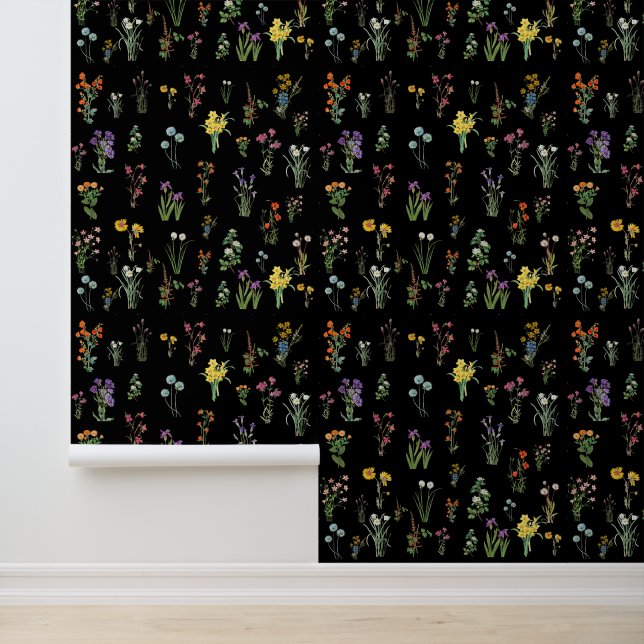 Wildflower Waterverf Zwart Botanisch Bloemen Behang (Applicatie)