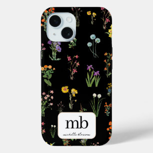 Wildflower Waterverf Zwart Botanisch Bloemen iPhone 15 Case