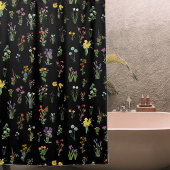 Wildflower Waterverf Zwart Botanisch Bloemen Douchegordijn