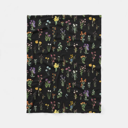 Wildflower Waterverf Zwart Botanisch Bloemen Fleece Deken (Voorkant)