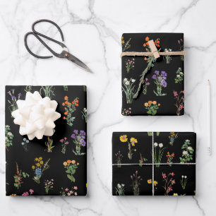 Wildflower Waterverf Zwart Botanisch Bloemen Inpakpapier Vel