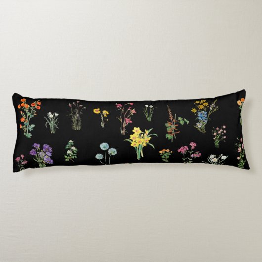 Wildflower Waterverf Zwart Botanisch Bloemen Lichaamskussen (Achterkant)