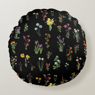 Wildflower Waterverf Zwart Botanisch Bloemen Rond Kussen
