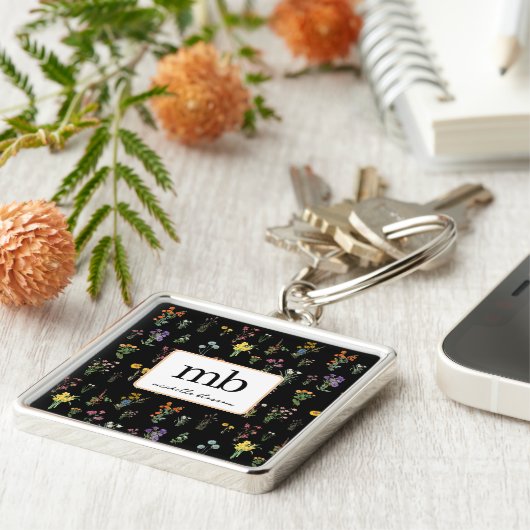 Wildflower Waterverf Zwart Botanisch Bloemen Sleutelhanger (Zijkant)