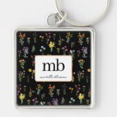 Wildflower Waterverf Zwart Botanisch Bloemen Sleutelhanger (Voorkant)