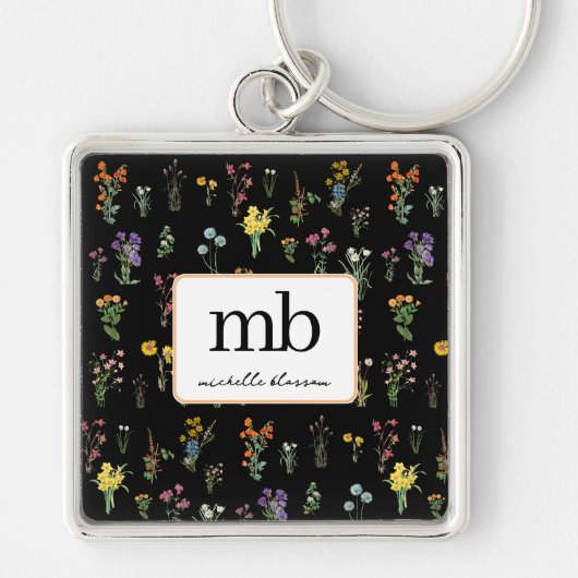 Wildflower Waterverf Zwart Botanisch Bloemen Sleutelhanger (Voorkant)