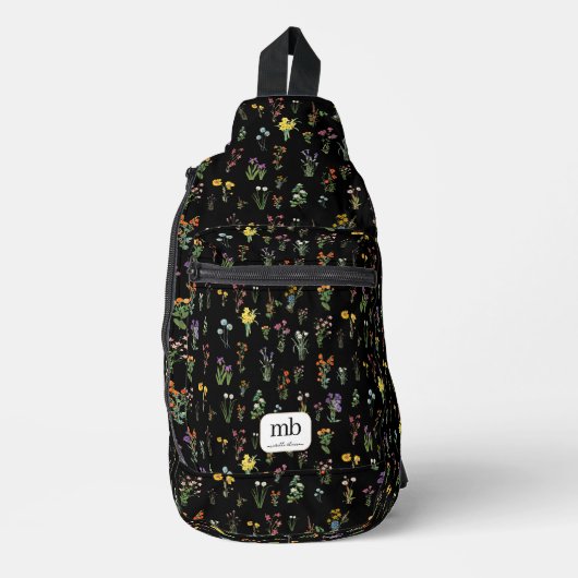 Wildflower Waterverf Zwart Botanisch Bloemen Sling Bag (Voorkant)