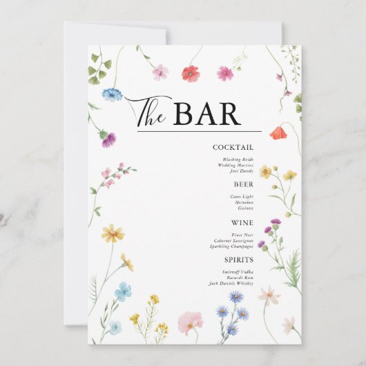 Wildflower Wedding Drinken Bar Menu Kaart (Voorkant)