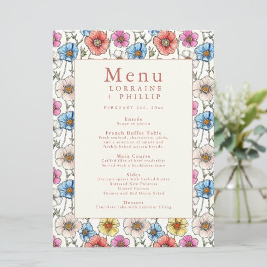  Wildflower Wedding Menu Kaart (Staand voorkant)